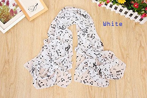 Qenci Chiffon Scarf Musical Note Printed Neck Lightweight Scarf Shawl Wrap White