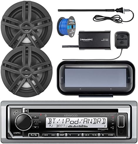 Kenwood Single DIN Marine CD Bluetooth Receiver, Single DIN Radio Cover, 2X Enrock 2-Way 6.5" Speakers (Black), Satellite Radio Tuner, Marine Radio Antenna - Black, 50 Foot 16-G Speaker Wire