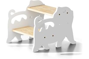 COSYLAND Kids Step Stool for Bathroom Height Adjustable - Cute Cat Potty Training Stools for Toddlers - Wooden Stepping Stool with Handle for Bathroom Sink (Natural & White)