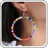 Yheakne Boho Colorful Seed Bead Dangle Earrings Rainbow Bead Circle Drop Earrings Multi Color Beaded Hoop Earring Circle Beaded Hoop Dangle Earring Jewelry for Women