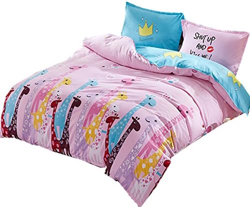 Ningkotex Cartoon Giraffe Print Pink Duvet Cover Pillow Case King Queen Twin Kid's Girl Bedding Set (Twin)