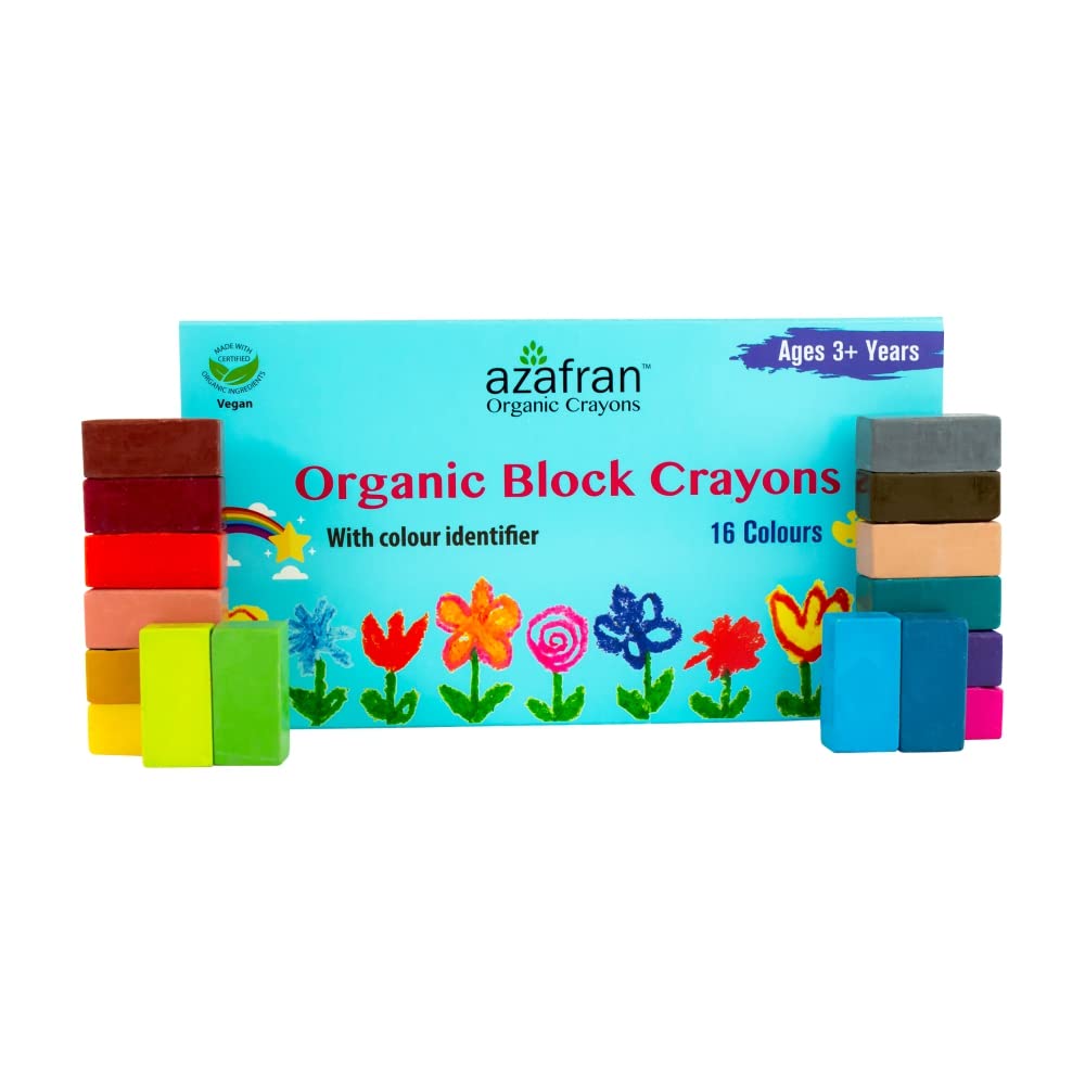 Azafran Organics Crayons Organic Block Crayons,16 Colors Plant-Derived Ingredients, Non-Greasy, Eco Friendly, Food Grade, For Toddlers, Fun With Playing and Stacking - 120 Grams