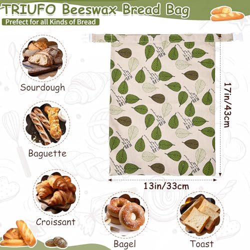 TRIUFO Beeswax Bread Bags 43 x 33 cm Reusable Organic Cotton Bread Bags with Natural Wax Coating - For Bread Storage and Keeping Fresh - Set of 2 | Beeswax