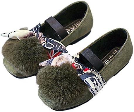 Toddler Girls Pom Pom Ribbon Bowknot Suede Mary Jane Ballerina Flats Princess Dress Shoes Green Size 27