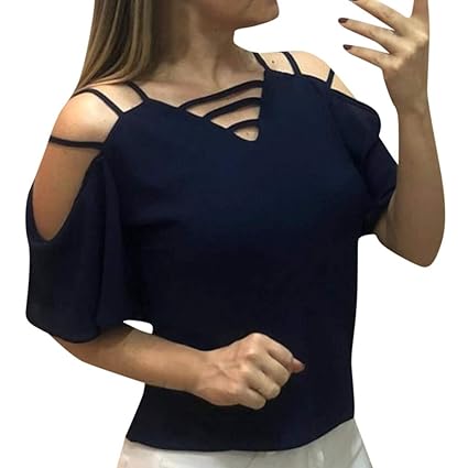 Auifor Frauen Casual V-Ausschnitt Bluse Kalte Schulter Chiffon Hemd Kurzarmshirts