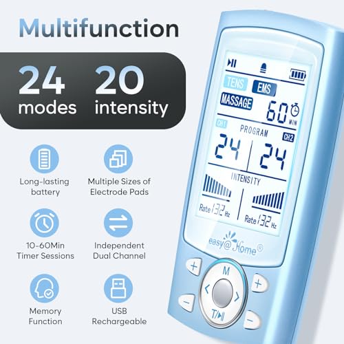 Easy@Home TENS Machine EMS: TENS Machine for Pain Relief Muscle Stimulator for Back Pain EMS | EMS Foot Massager | Back Massage Machine | Dual Channel 24 Modes 12 Pads Replacements