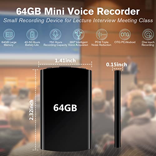 Voice Activated Recorder,64 GB Digital Voice Audio Recorder Recording Device with Playback Mini Tape Dictaphone USB MP3 Mic 750 Hour Capacity 40-Hour Battery for Lecture Interview Meeting Class Gift
