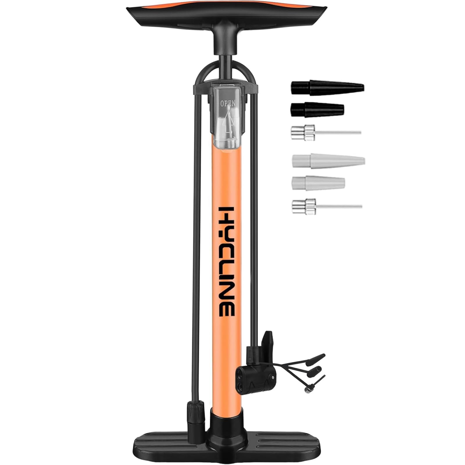 Hycline Bike Pump, Bicycle Floor Pump for Bike Tyre, 150 PSI High Pressure Bike Pumps with Presta and Schrader Valve for Road Bike Tyres, Balls, Balloons, Air Cushion, Orange
