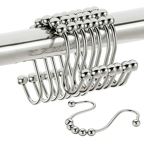 Double Head Shower Curtain Hooks Rings, Stainless Steel Heavy Duty Roller Double Glide Shower Hooks for Bathroom Shower Rod Curtains Liners,Polished Shower Curtain Rings Set of 12 (Polished Chrome)