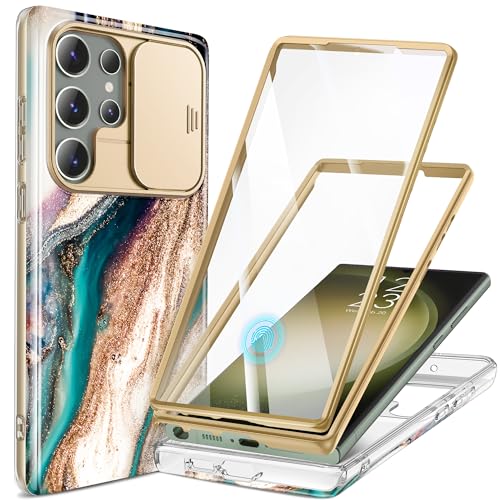 GVIEWIN for Samsung Galaxy S23 Ultra Case with Slide Camera Cover, [Built-in Screen Protector] [2 Front Frames] Military Grade Shockproof, Marble Phone Case Fit S23 Ultra 6.8", Drift Sand/Brown