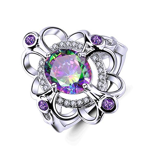 Momius 925 Sterling Silver Created Blue Topaz Filled Art Deco Statement Ring for Women (Color : Rainbow, Size : 6)