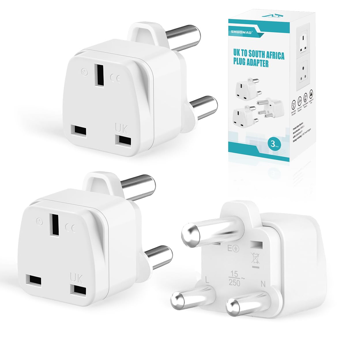 3-PACK UK to South Africa Plug Adapter,SHUOMAO UK to South Africa Travel Adaptor Converter Plug,Power Adapter for SA,Namibia,Swaziland,Lesotho,Bhutan,Botswana(Type M)