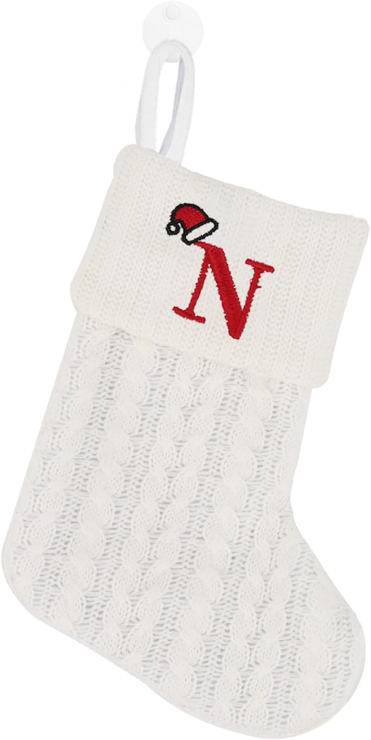 Stockings & Holders - OJCHRLKF 7 Inches Mini Cute Initial Monogram Embroidered Christmas Stocking Knitted Christmas Decorations Stocking Red,White,Green Knit Mini Stocking Christmas Decorations-58-N-White