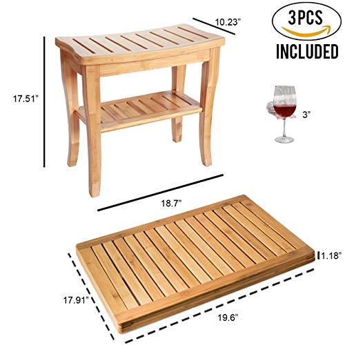 Shower Bench Seat Wooden with Bathroom Floor Mat, for Spa Bath Deluxe Organizer Stool with Storage Shelf for Seating Chair, Perfect for Indoor and Outdoor Decor, Made of 100 (Natural Bamboo)