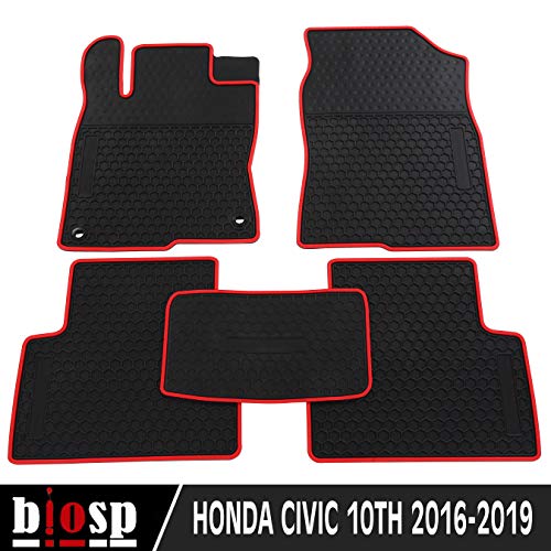biosp Car Floor Mats for Honda Civic 10th 2016 2017 2018 2019 Front And Rear Seat Heavy Duty Rubber Liner Black Red Vehicle Carpet Custom Fit- All Weather Guard Odorless