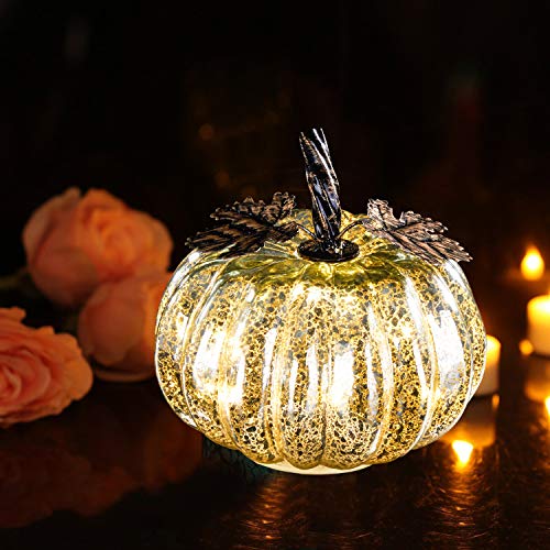 denlix Mercury Glass Pumpkin Lights Fall Decor, Battery Operated LED Timer 5.5 Inches Pumpkins Decor