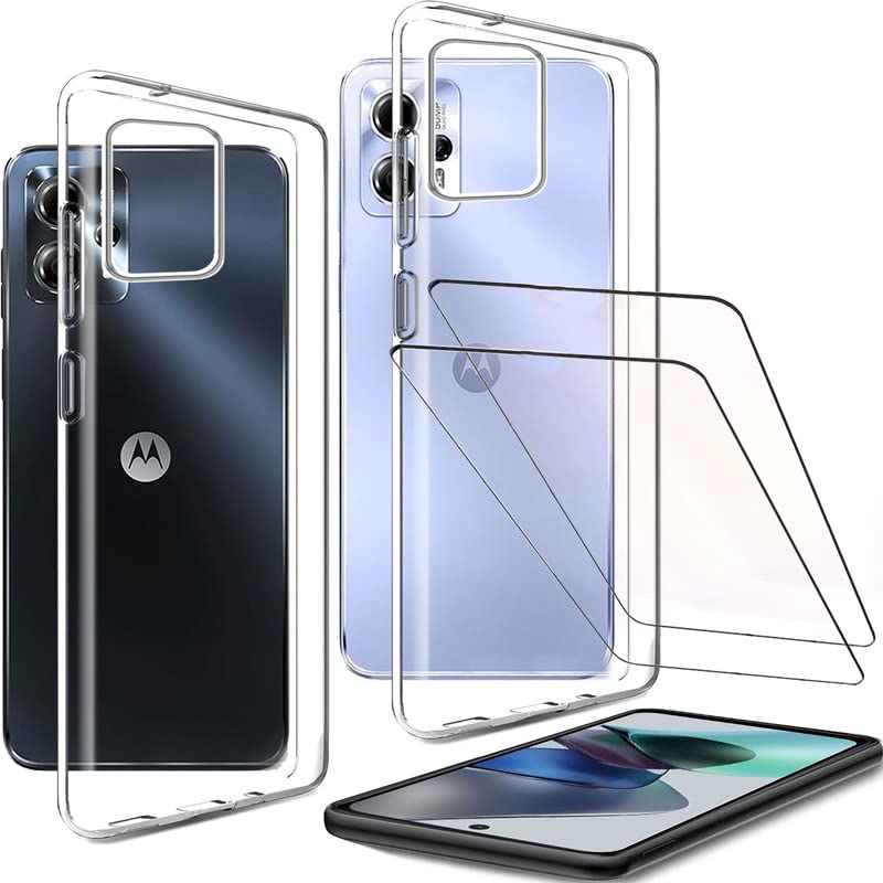 [4 in 1] for MOTO G13/G23 Case [2Pcs + 2Pcs] for MOTO G13/G23 Tempered Film - Black TPU Soft Silicone Protection Gel Skin back Shell
