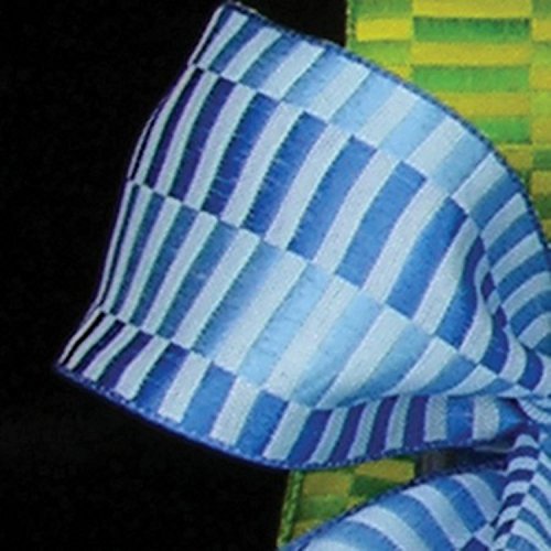 Blue Retro Blocks Print Woven Taffeta Wired Craft Ribbon 1.5