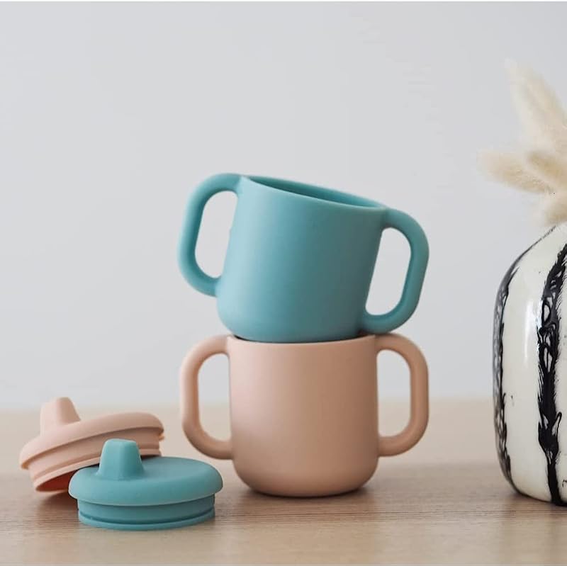 Baby-Lernbecher 2-in-1 Flasche/Tasse – 100% Premium-Silikon, Breite Griffe für Einfaches Greifen, Ergonomisch, Weicher Trinkaufsatz – Farbe Blau