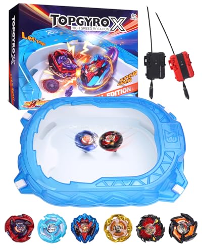 BGOVTAPO X Stadium Starter Kit - 6 Battle Tops Arena Set with 2 Launchers, Acceleration Track & Protective Roof, Gift for Boys Girls 6+