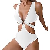 Favnac Women's Deep V Neck One Piece Swimsuit O-Ring Swimwear Sexy Cut Out Bathing Suit