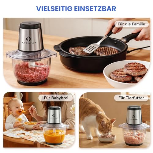 LINKChef Electric Chopper 1.5 L Glass Container, 2 Levels, 3 Stainless Steel Blades - Universal Chopper for Meat, Vegetables, Nuts & Baby Food