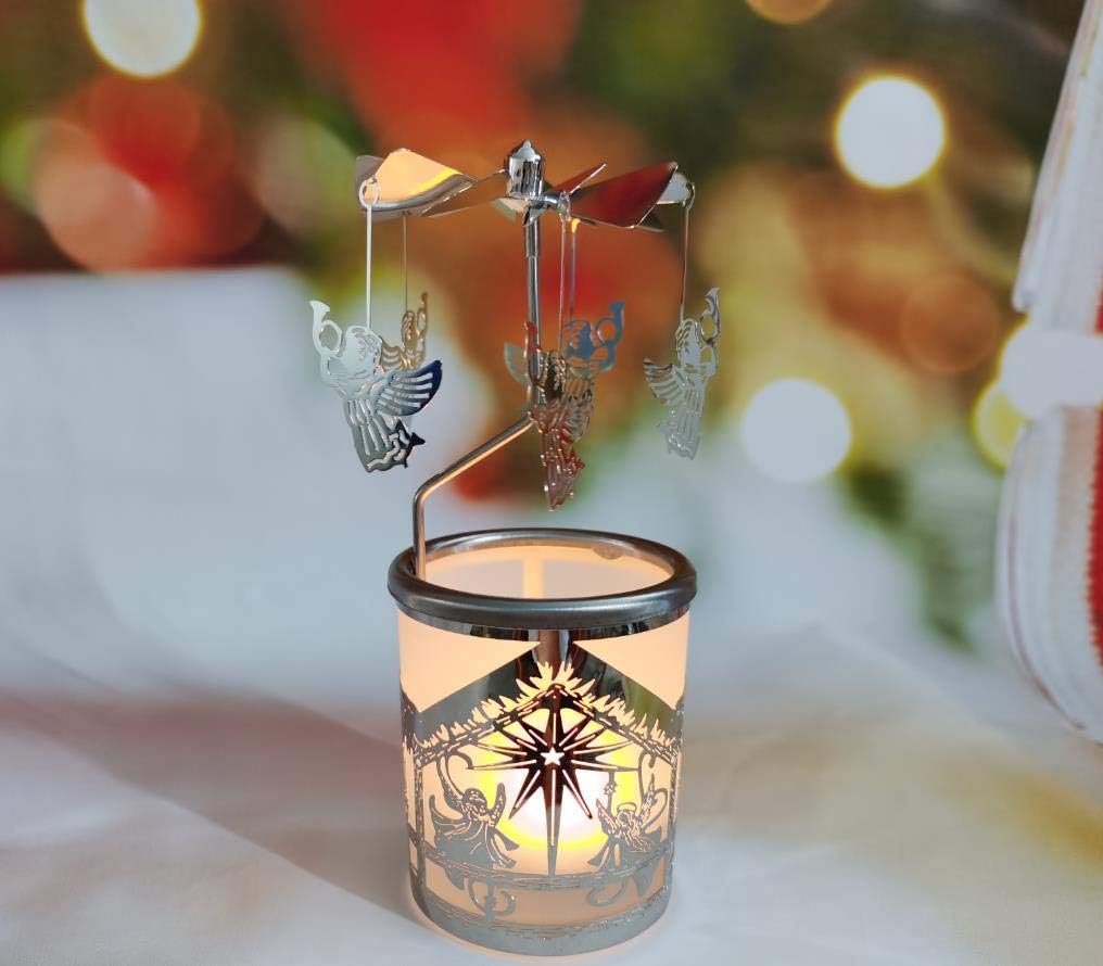 Glass Tea Light Candle Holders Rotary Tealight Carousel with Spinning Fairy Angel Silver Plated