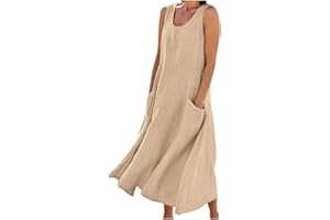 SMIDOW Women's Summer Cotton Linen Long Dress Sleeveless Elegant Flowy Dresses Plus Size Loose Comfy Dress with Pockets