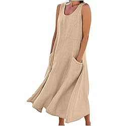 Women 's Summer CottLinen Long Dress Sleeveless