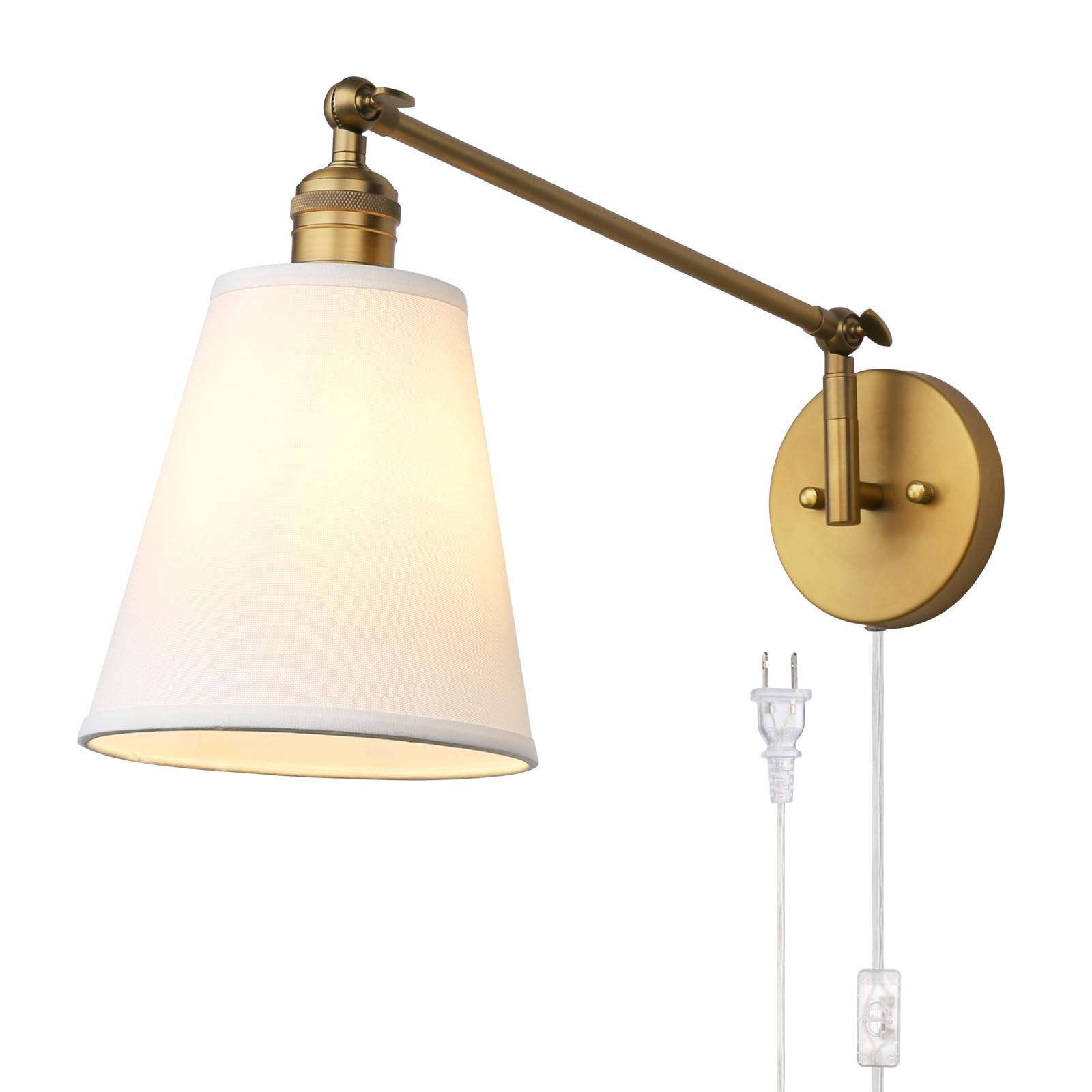 Photo 1 of PERMO Retro Swing Arm Wall Sconce Plug in Wall Lamp Single Sconce Light Fixture with White Fabric Shade for Bedroom, Living Room, Office