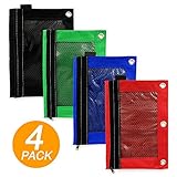 Emraw 4 Pieces Ring Binder Pouch - Pencil Bag with Holes 3-Ring Zipper Pouches with Mesh Window Pencil Pouches for Binders, Zippered Pencil Pouch Storage Pouch mesh Pencil case (4-Pack)