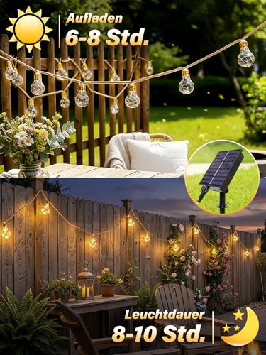 Ollny Solar String Lights Outdoor, 24 Bulbs 12M Weatherproof String Lights, 8 Modes, Timer, Dimmable, USB for Garden Balcony Patio Wedding Party Vintage