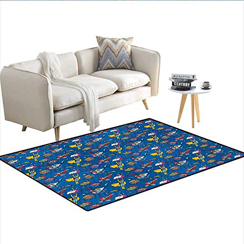 Floor Mat,Flying Superhumans Male Female Super-Heroine Fiction Comics Graphic,Rugs for Bedroom,Violet Blue Earth Yellow 48"x70"