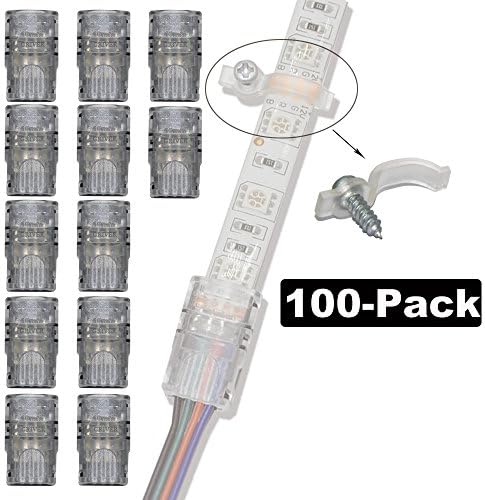 GRIVER 4 Pin LED Connector for Waterproof 5050 LED Strip Light- Strip to Wire Quick Connection (Kit: 12Pcs 4-Pin Strip to Wire Connectors + 100Pcs Mounting Brackets)