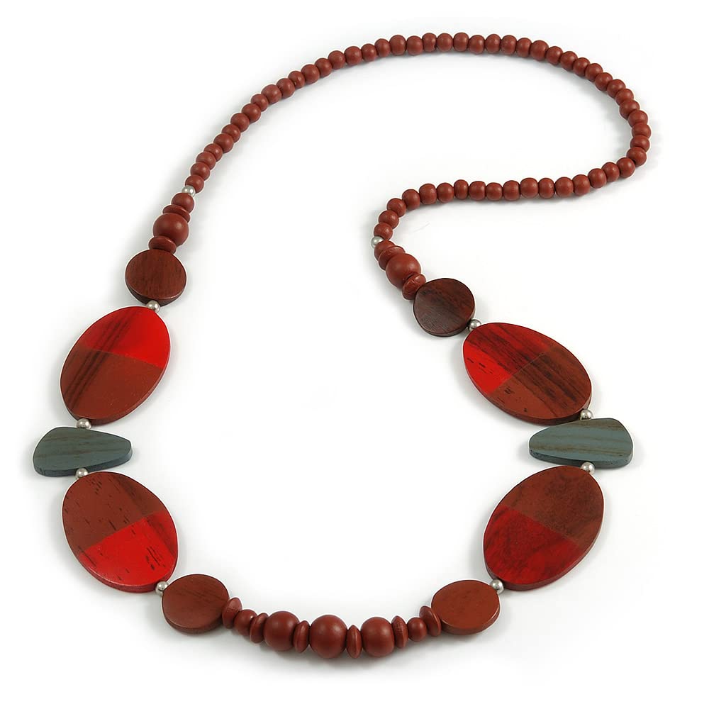 Avalaya Geometric Painted Wooden Bead Long Necklace in Brown, Red, Grey - 90cm L