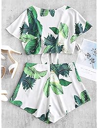 Conjunto de bañador y pantalón corto para dama, diseño de hojas