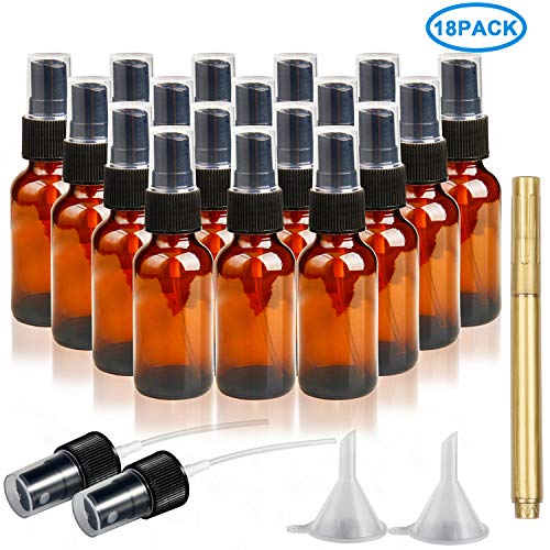 RUCKAE 2 oz Amber Glass Spray Bottles-18 Piece Set - With Funnel and Gold Glass Pen,Black Fine Mist Sprayers