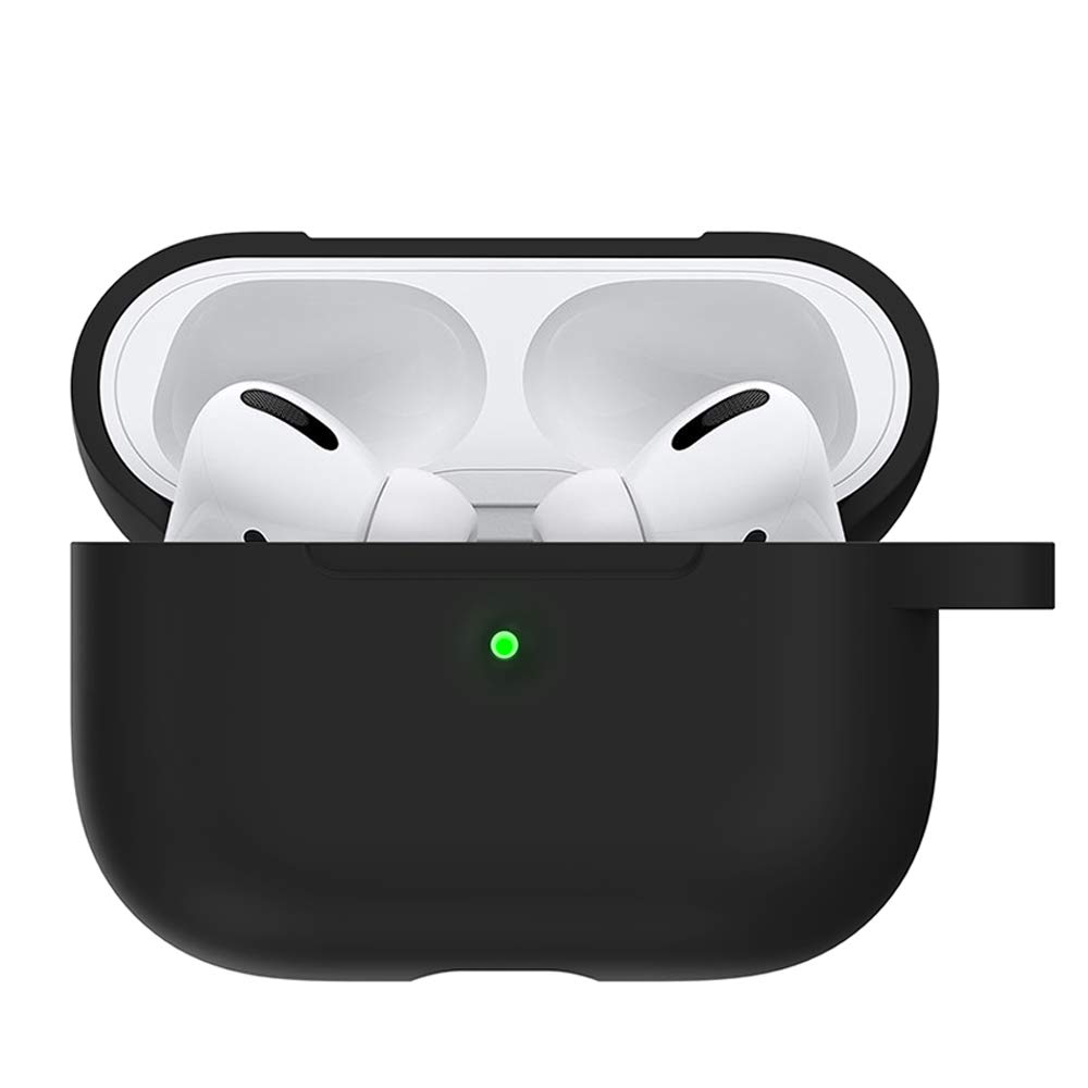 AirPods Pro Case Cover, ICARER Protective Liquid Silicone Cover Case with Carabiner for Apple AirPods Pro Charging Case [Front LED Visible] [Support Wireless Charging] (Black)