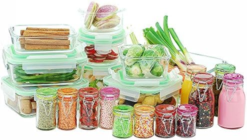 Kinetic Unique Colorful 30 Piece Glassworks Food Storage Container Set with Plastic lid and Silicone Seal