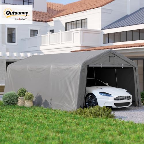 Outsunny 12 x 20 ft Heavy Duty Carport, Outdoor Portable Garage Canopy Tent with 2 Ventilation Windows, Large Door, Car Shed Shelter for Truck, Boat, Motorcycle, Bike, Light Grey