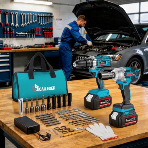 Taladro Inalámbrico y Pistola de Impacto, Kit Profesional de Herramientas Eléctricas 2 en 1, 750 N.M, Ajuste de Par de 25+3, Motor Sin Escobillas, para ReparacióN de AutomóViles y Muebles, Perforación