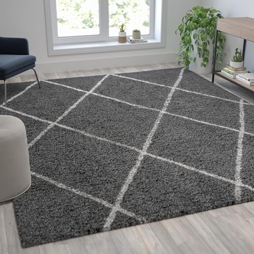 BizChair Shag Style Diamond Trellis Area Rug - 8' x 10' - Charcoal/Ivory Polyester (PET)