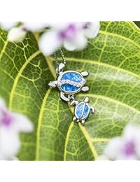 Plata de ley Mamá y bebé tortuga CZ Collar Colgante con Azul Sintético Opal y 18" Caja Cadena