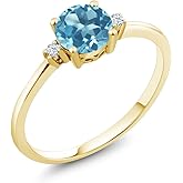 Gem Stone King 10K Yellow Gold Swiss Blue Topaz and White Created Sapphire Solitaire Engagement Ring For Women (0.93 Cttw, Round 6MM, Gemstone November Birthstone)