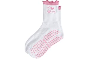 Puedizux Women Cute Pilates Socks Grip Crew Yoga Socks Ruffle Cuff Embroidery Pattern Workout Ballet Socks