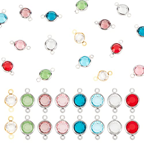 UNICRAFTALE about 16pcs 8 Colors Rhinestone Link Connectors Charms Stainless Steel Links Flat Round Birthstone Diamond Links Pendant for Bracelets Necklaces Jewerly Making 12x6x3mm