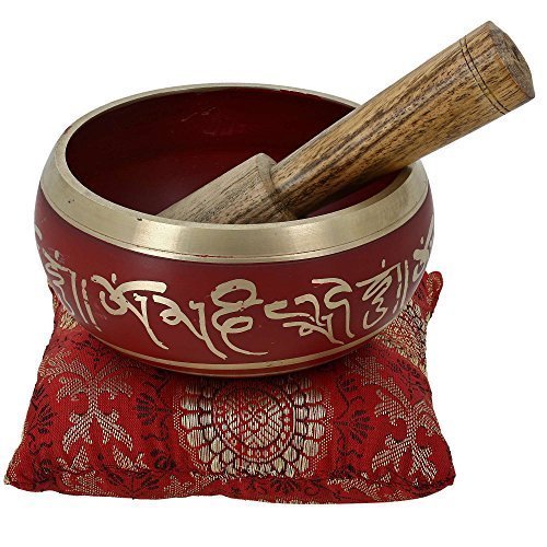 Ajuny Tibetan Singing Bowl Set Handmade Brass Sound Bowl with Mallet & Cushion Thangka Art Design Meditation Yoga Mindfulness & Chakra Healing Therapy Stress Relief Gift (Red, 4 In)