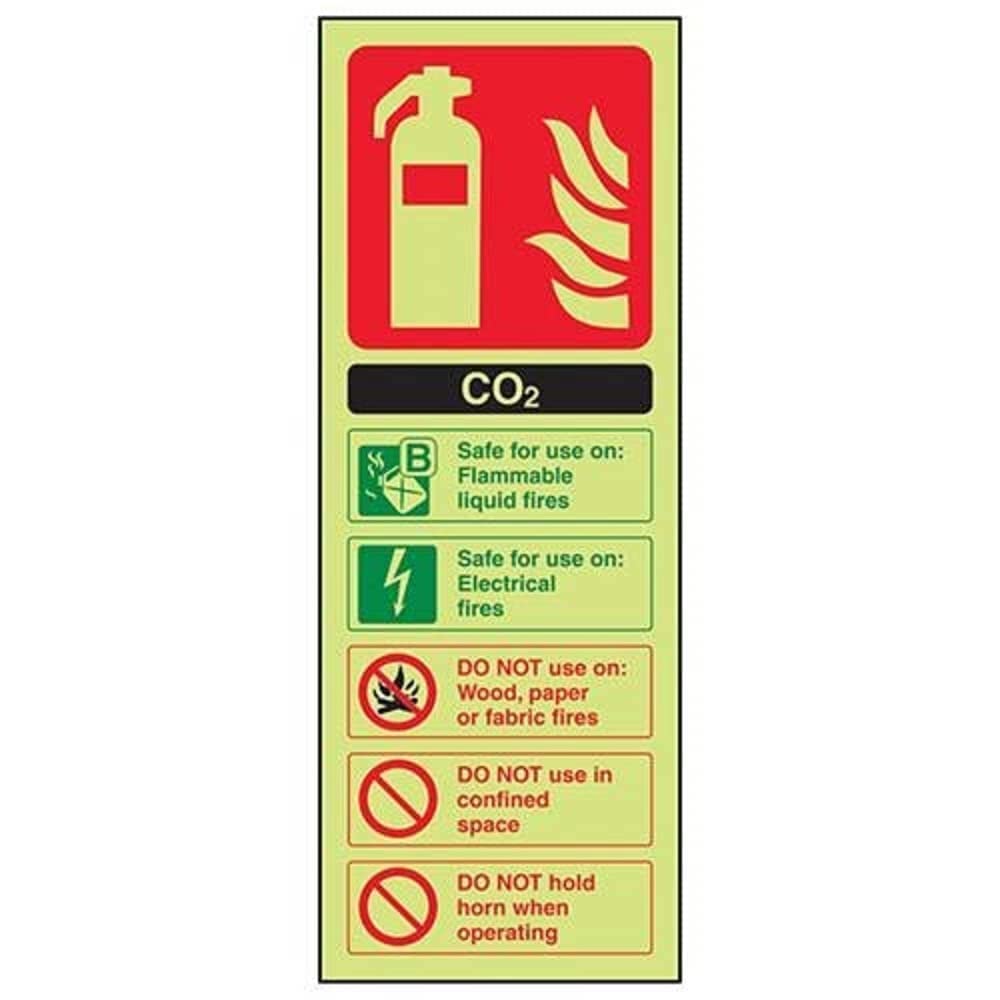 V Safety Glow In The Dark Carbon Dioxide Co2 Id Fire Extinguisher Sign - 100mm x 280mm - Self Adhesive Vinyl