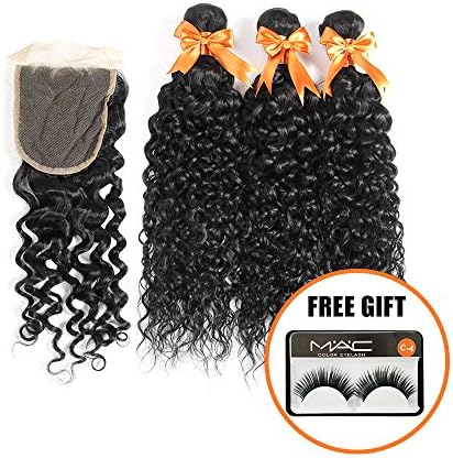 Brazilian Water Wave 3 Bundles with Closure Unprocessed Virgin Human Hair Bundles with Lace Closure 4x4 Free Part Can Be Dyed