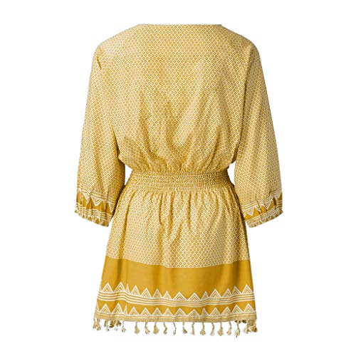 Women Bohemian Neck Tie Vintage Printed Ethnic Style Mini Dress Summer Retro Tassel Long-Sleeved Casual Beach Dress Yellow - Thumbnail 2
